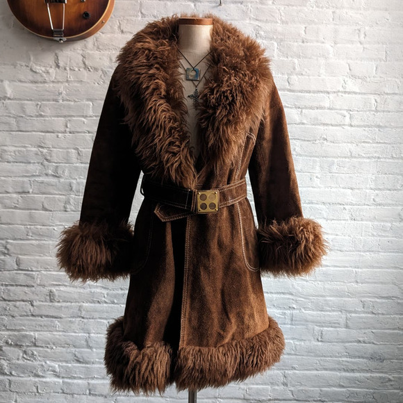 70s Vintage Brown Suede Penny Lane Afghan Coat Fur Furry Groovy Boho Chic Jacket - Picture 1 of 9
